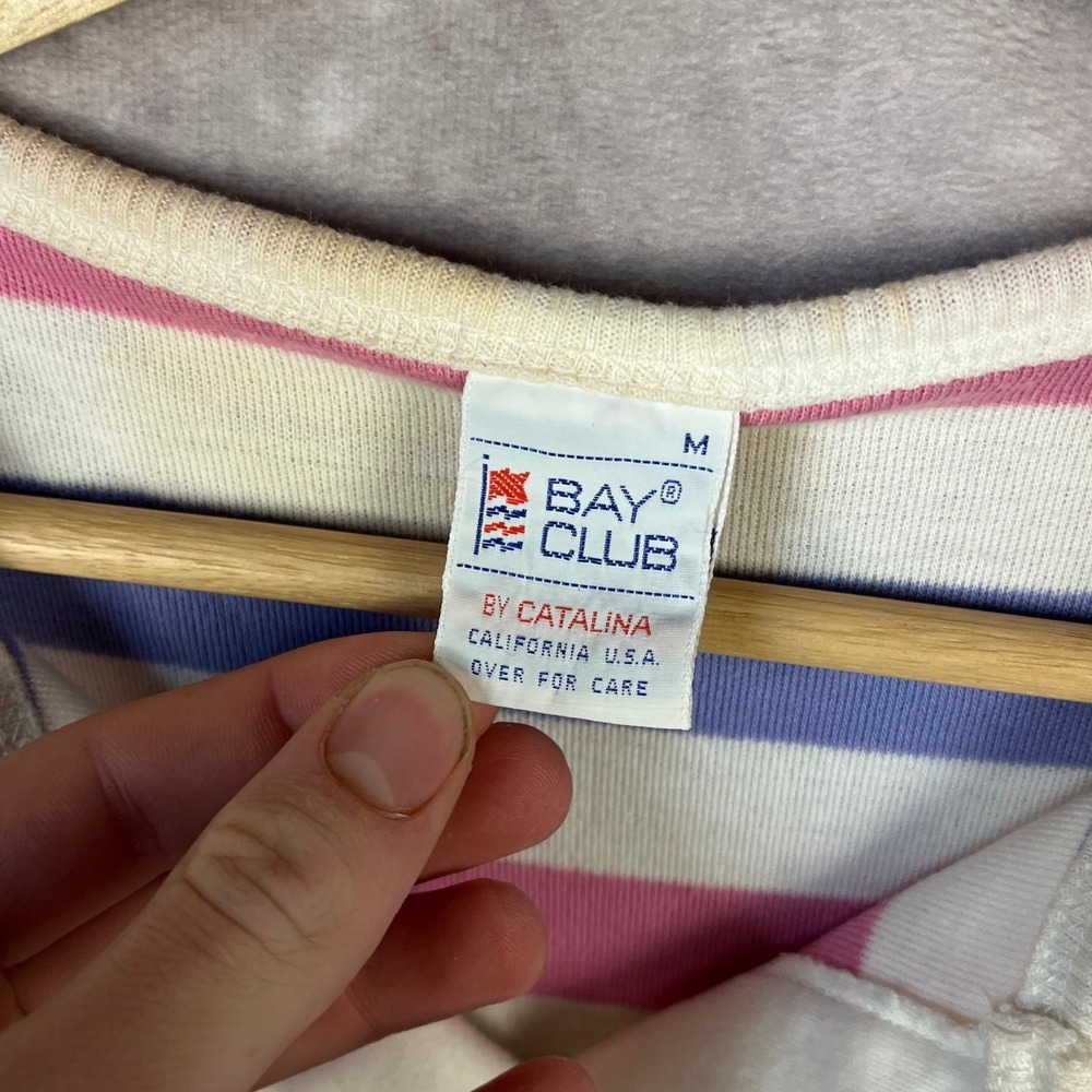 VTG 70s Bay Club by Catalina Striped T-Shirt Top Pink Blue Cream Short Sleeve - Picture 2 of 4